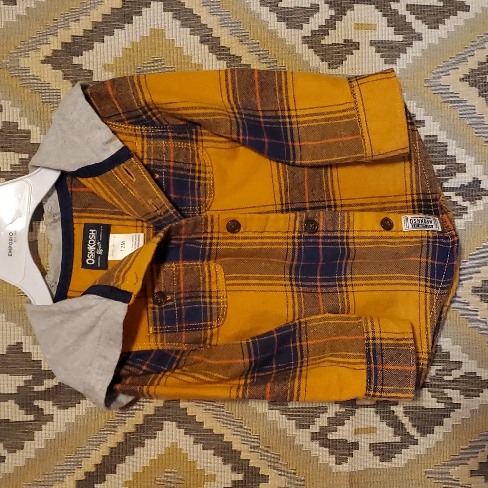 12m orange & navy blue button up flannel w hood